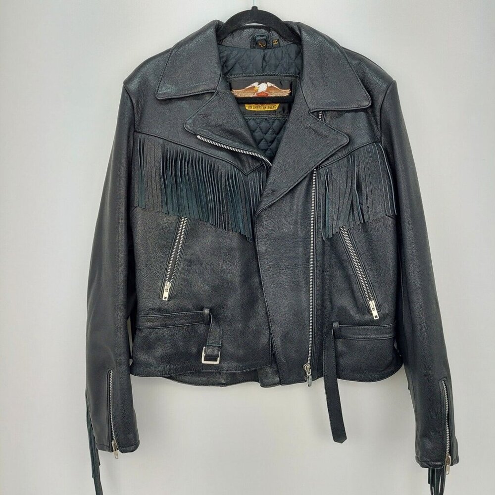 Harley Davidson Black Leather Motorcycle Biker Moto Jacket Fringe Women's 42/14W